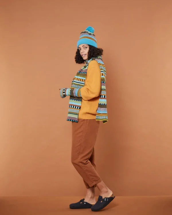 Hats + Arm Warmers>Donna Wilson Static Stripe Beanie Hat - Turquoise